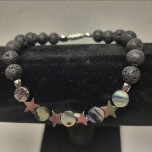 Silver, Black Lava, Abalone Stretch Bracelet